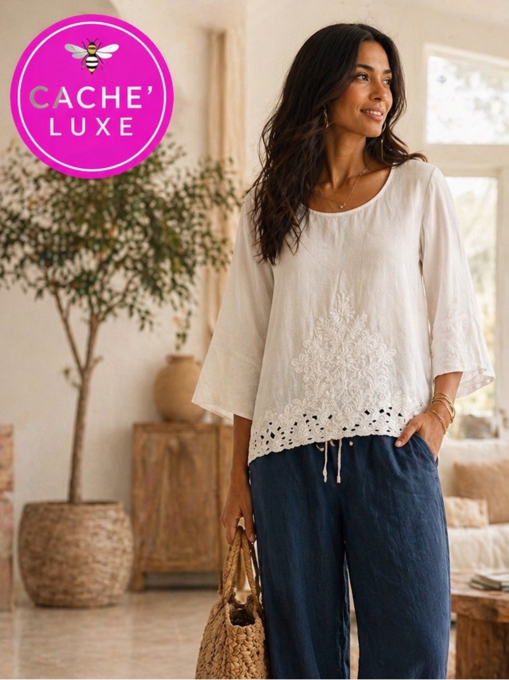 Grace Elements White Linen/Rayon Top L